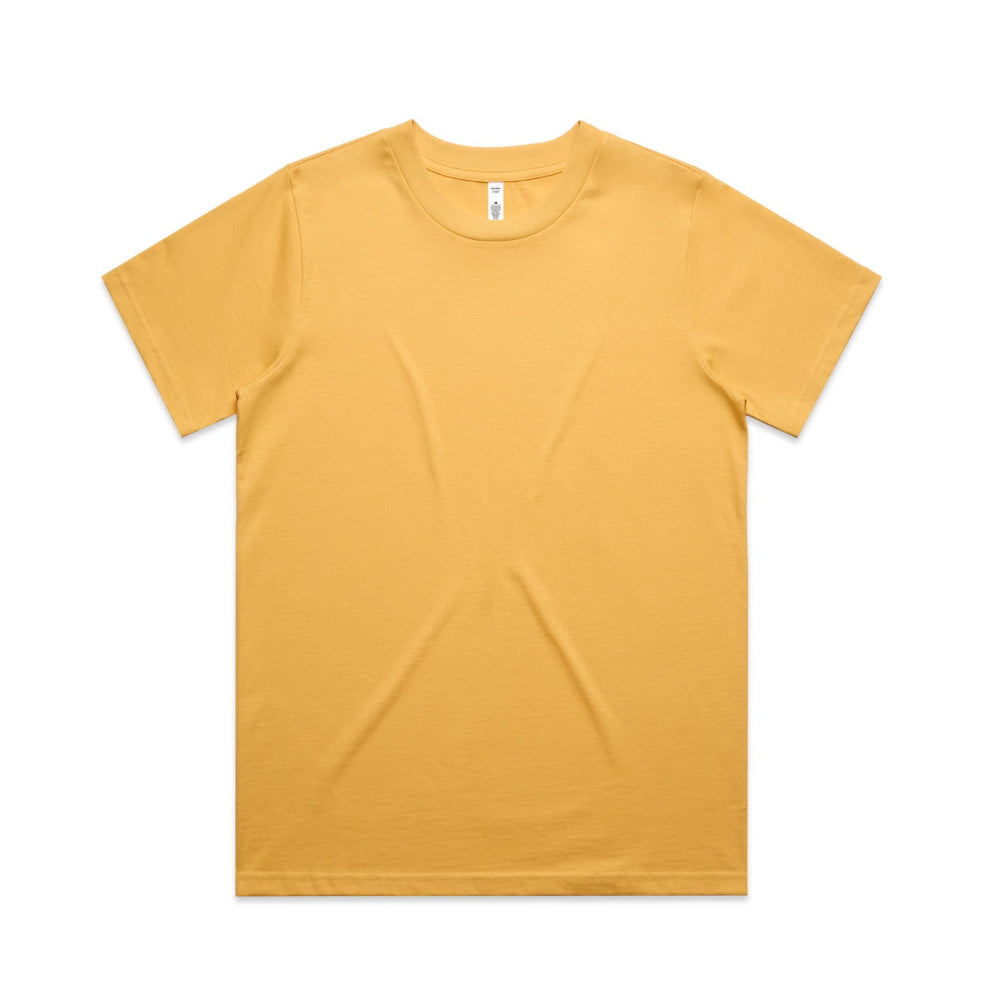 A yellow, relaxed fit classic tee shirt laid out flat on a white background.