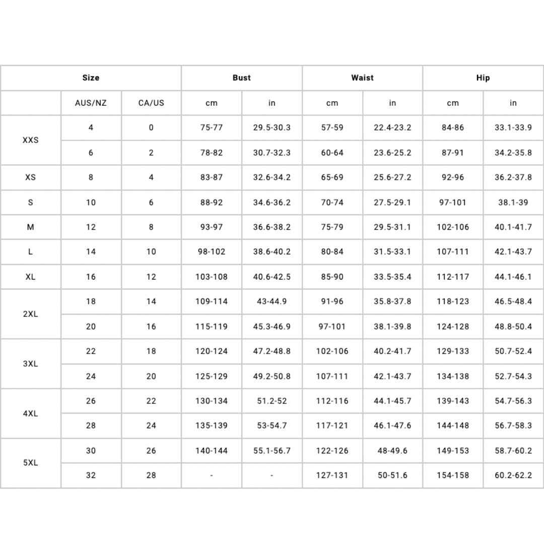 Size chart for clothing with measurements in centimeters and inches.
