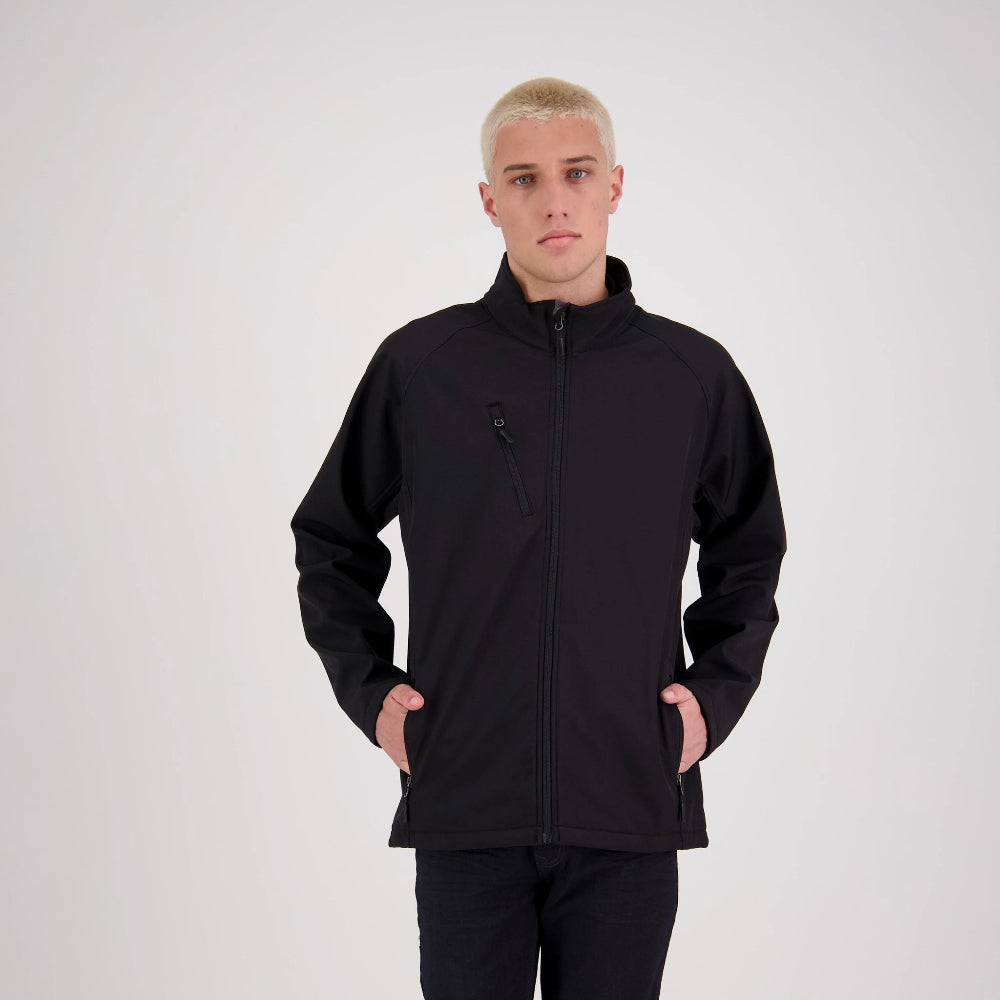 Person wearing a black jacket on a white background