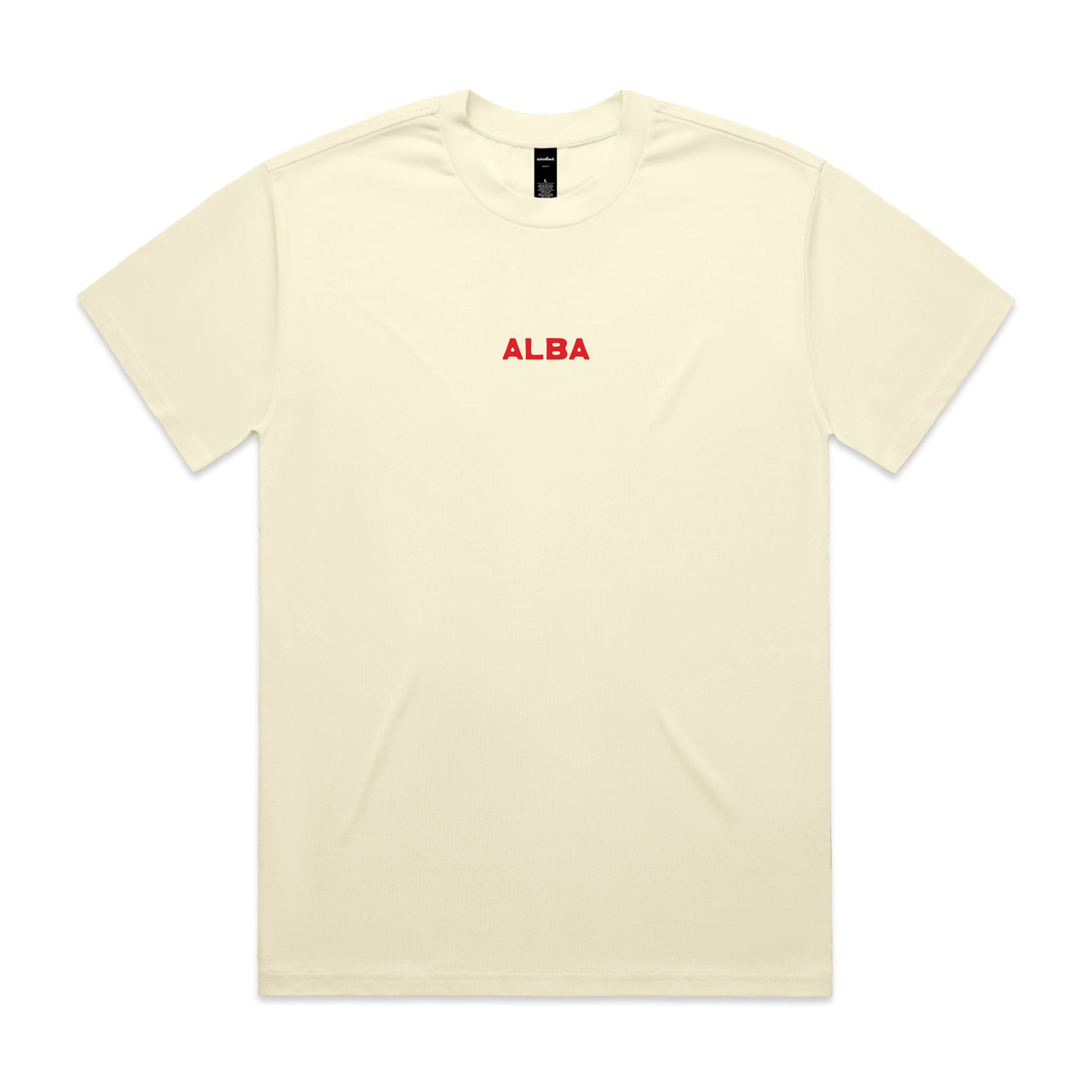 Butter coloured tee on a white background with a red print