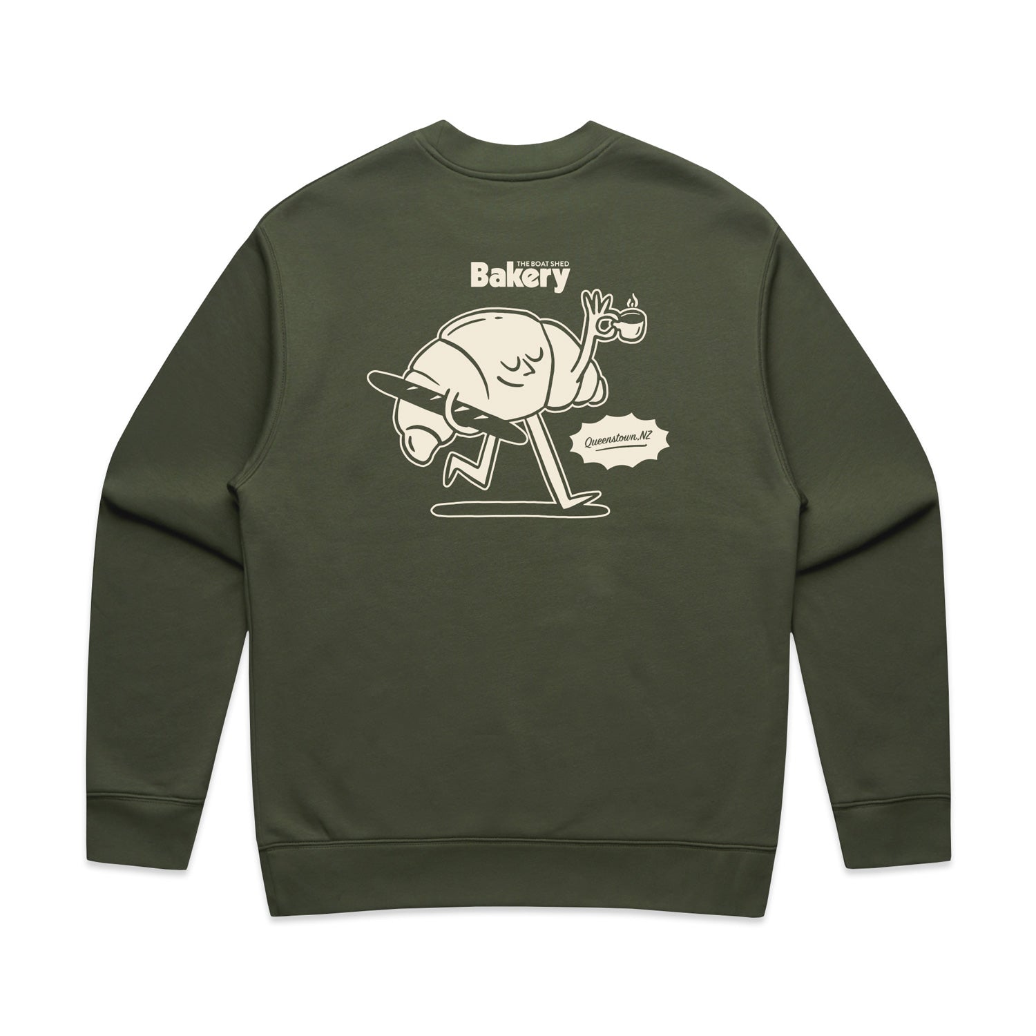 Green sweatshirt with cream print on back