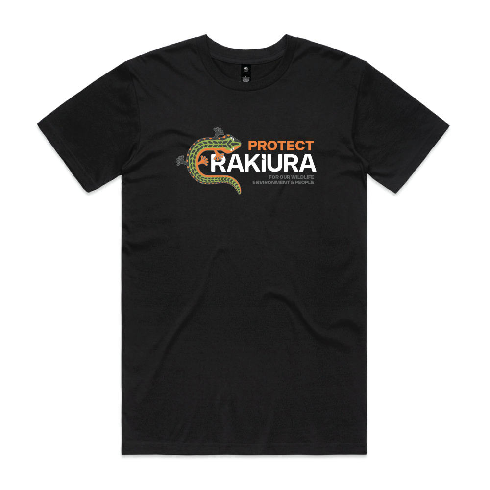 Black t-shirt with 'Protect Rakiura' logo on a white background