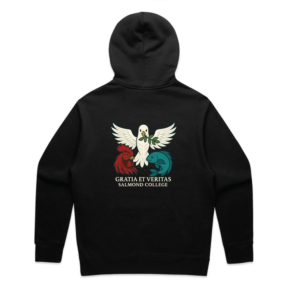 Black hoodie with a colorful logo and text on the back against a white background