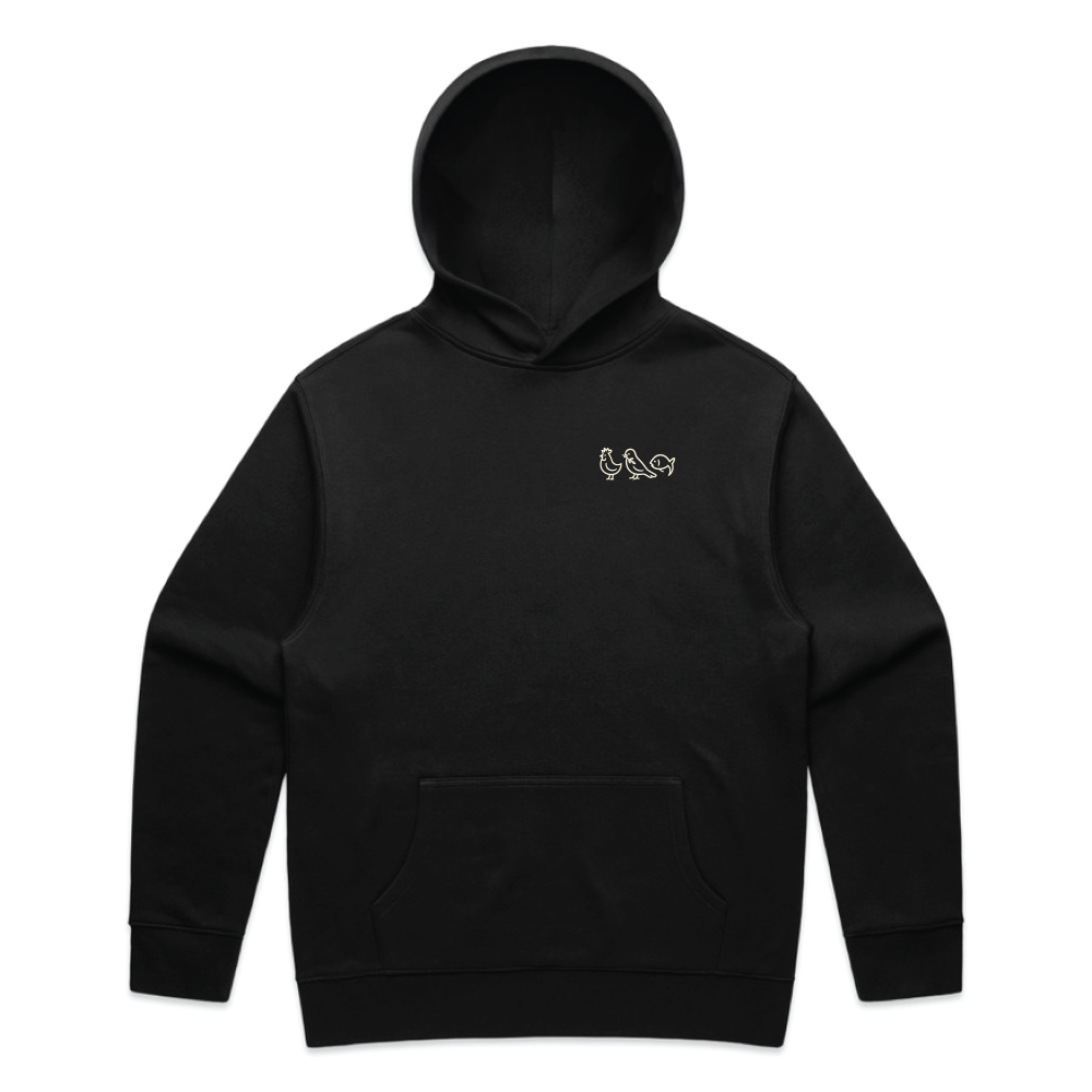 Black hoodie with a small logo on a white background