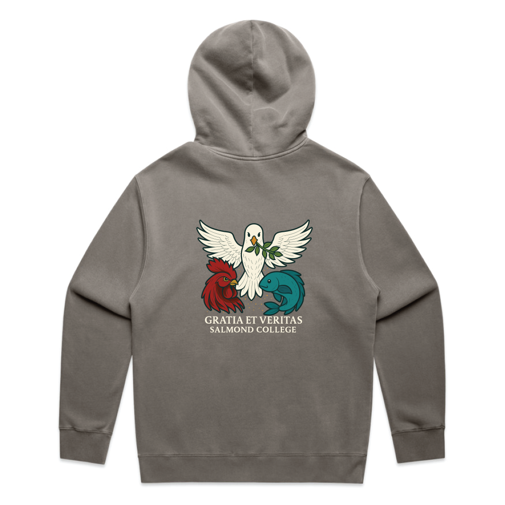 Gray hoodie with a colorful logo and text on the back, on a white background