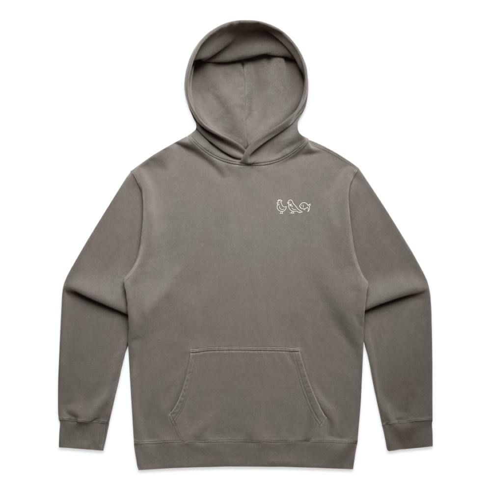 Gray hoodie with a small logo on a white background