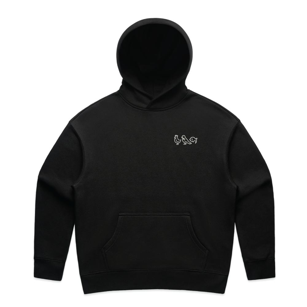 Black hoodie with a small logo on the chest against a white background