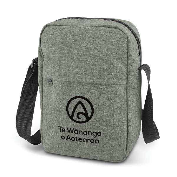 Gray shoulder bag with black logo and text on a white background