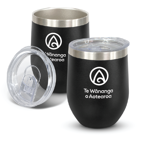 Two black insulated tumblers with silver lids and 'Te Wananga o Aotearoa' branding on a white background.