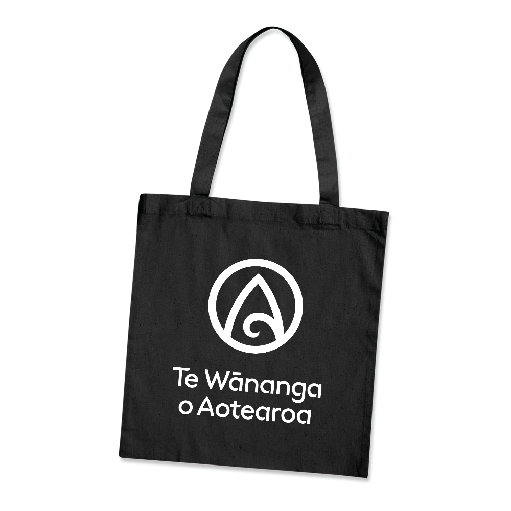 Black tote bag with white logo and text on a white background