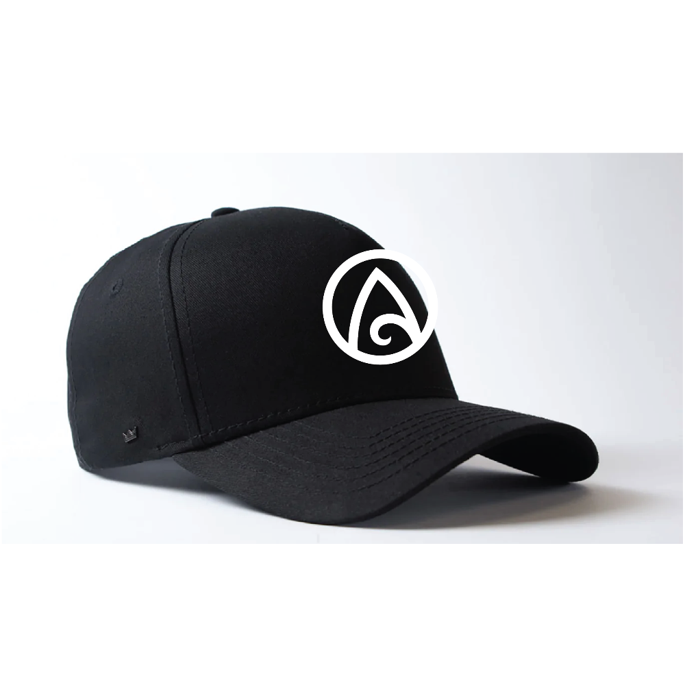 Black cap with a white logo on a white background