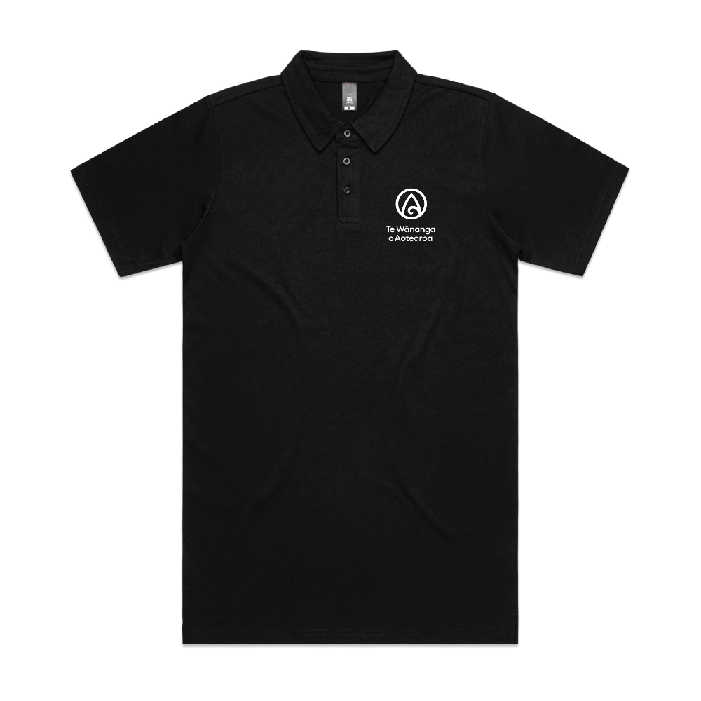 Black polo shirt with a logo on the chest against a white background