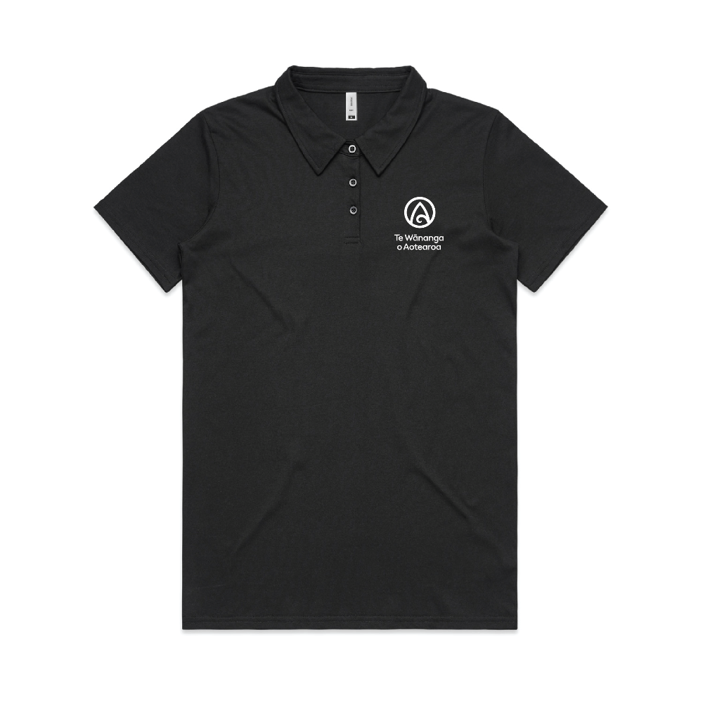 Black polo shirt with a logo on a white background
