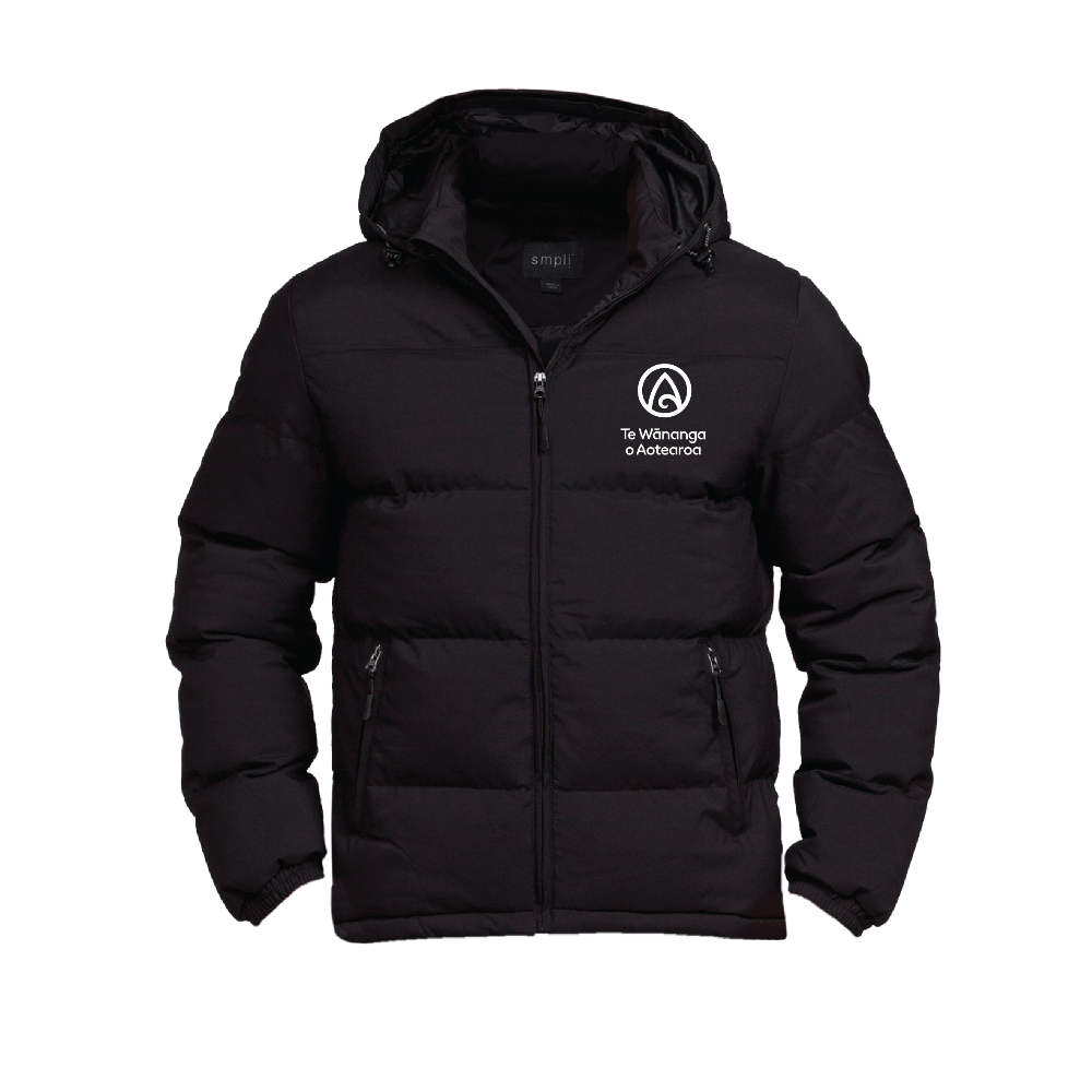 Black puffer jacket with a logo on the chest against a white background