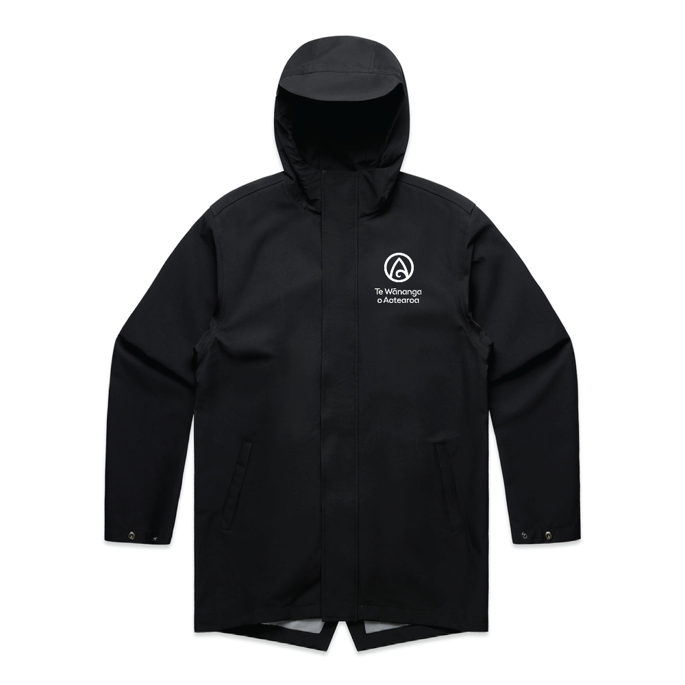 Black raincoat with a brand logo on a white background