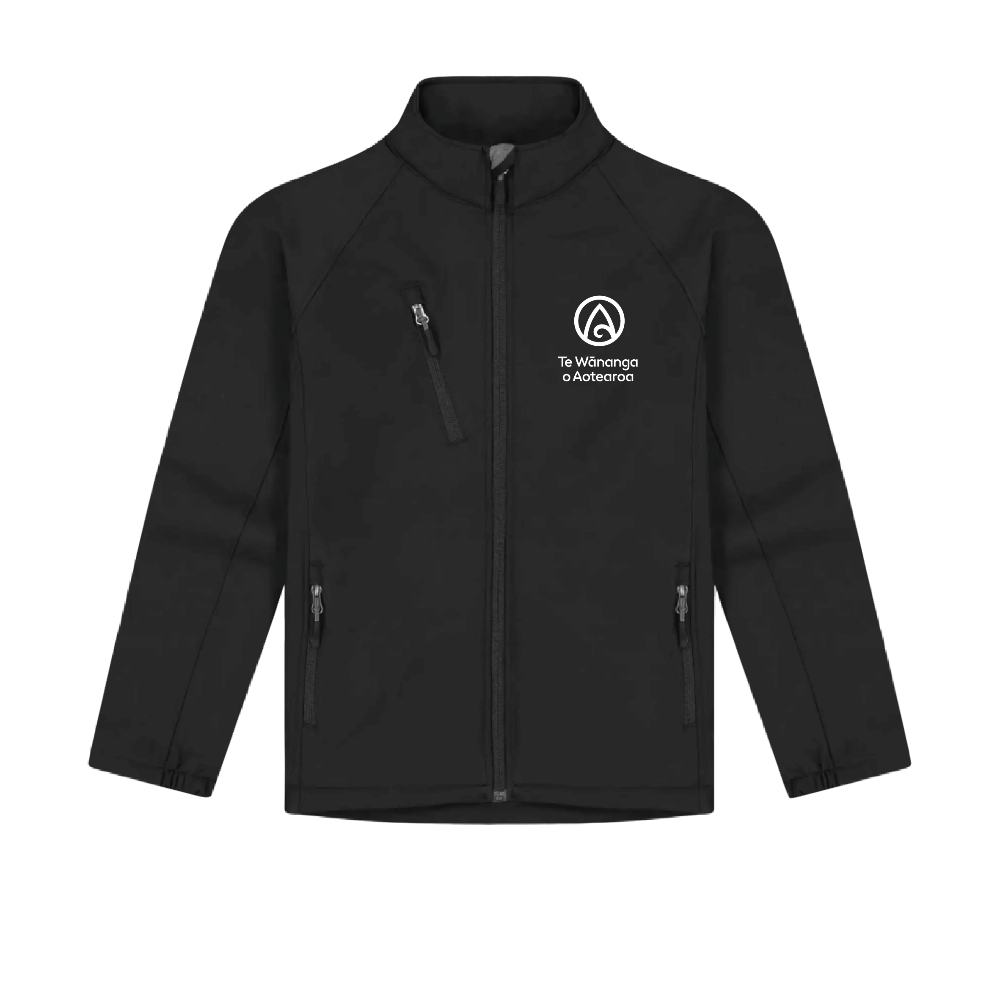 Black jacket with a logo and text on a white background