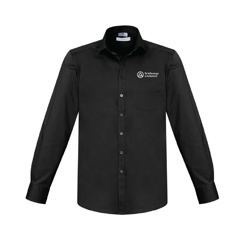 Black shirt with a logo on the chest against a white background