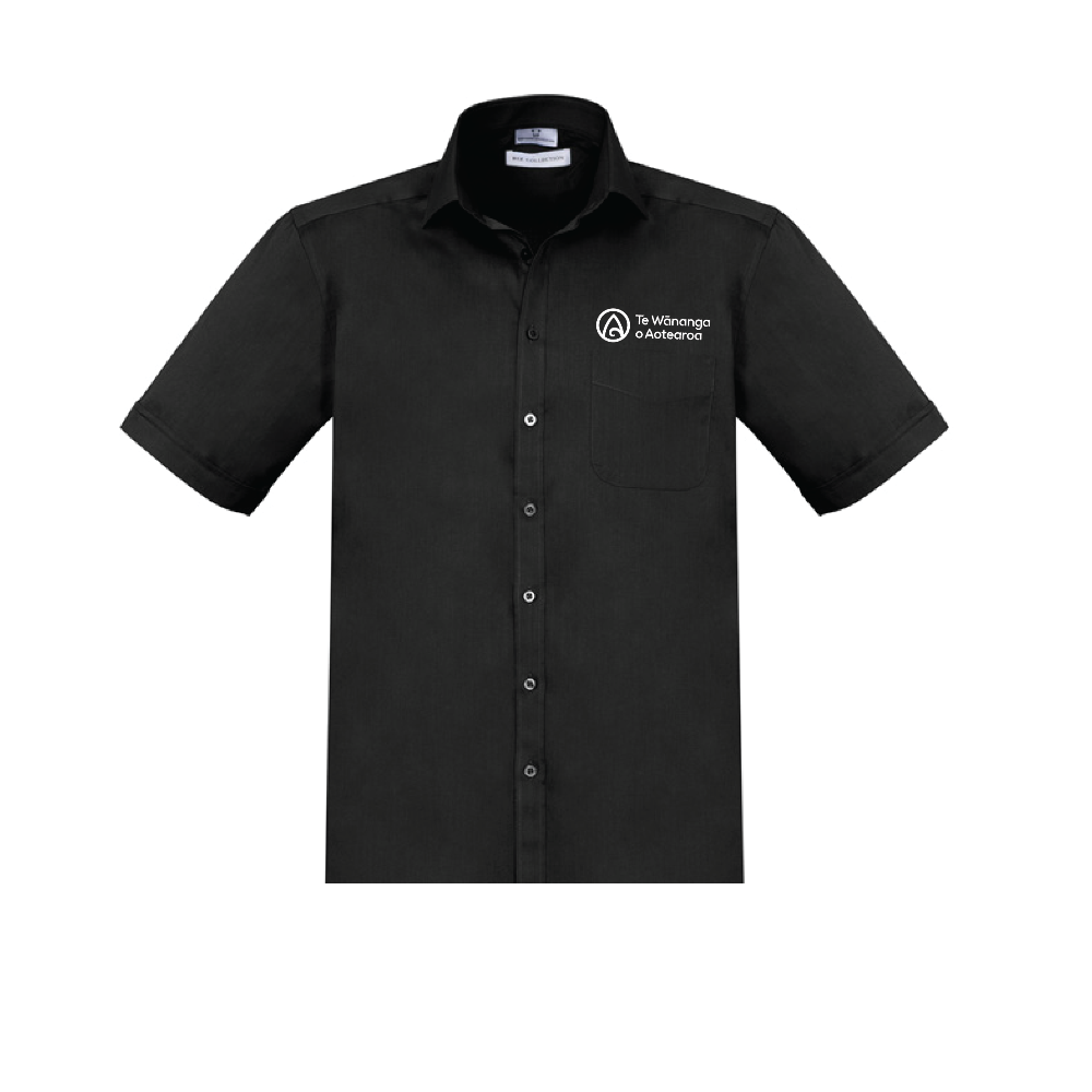 Black short-sleeve shirt with a logo on the chest against a white background