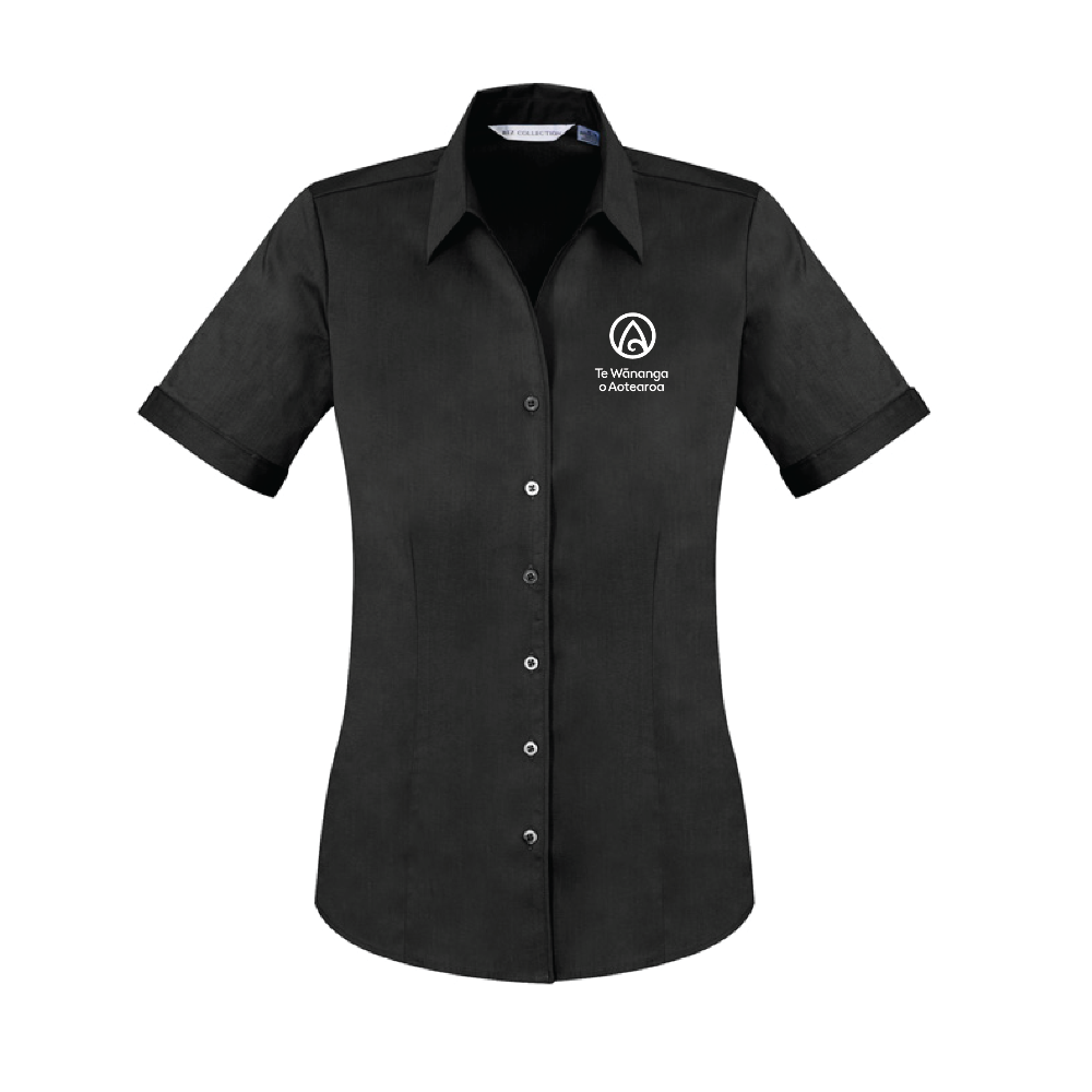 Black short-sleeve shirt with a logo on a white background
